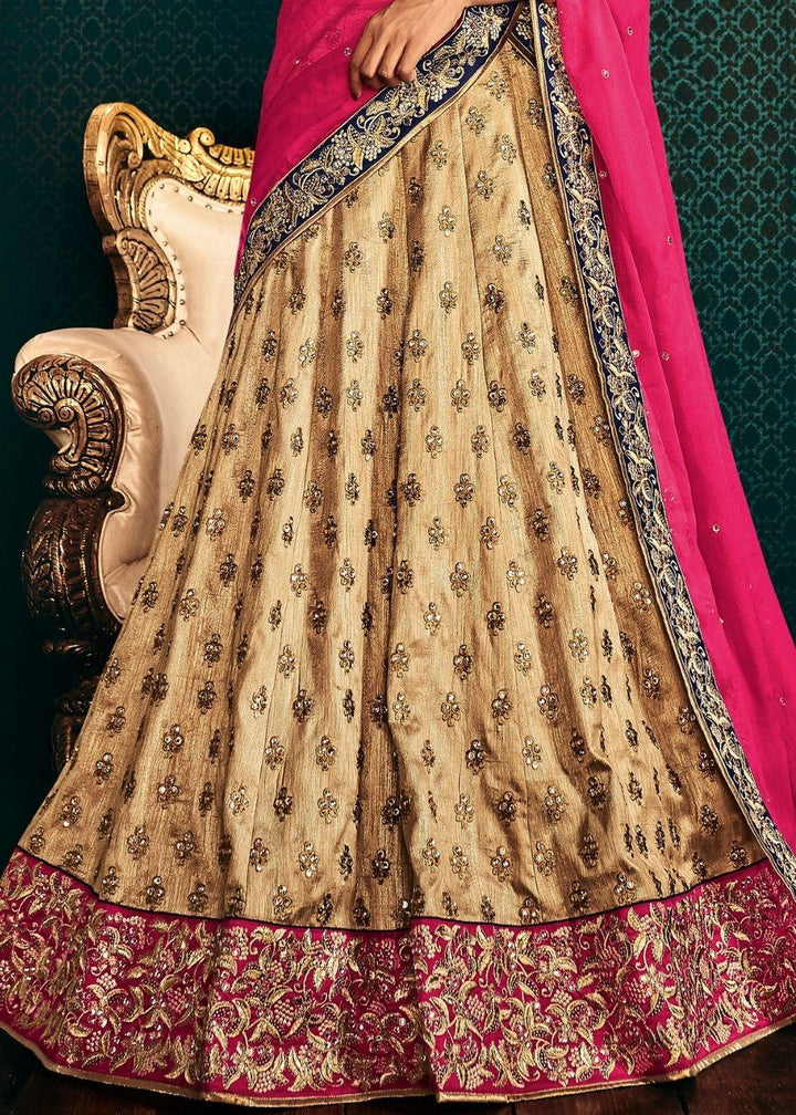 Beige Bhagalpuri Silk Lehenga with all over Bootis Embroidery and Heavy Border - qivii