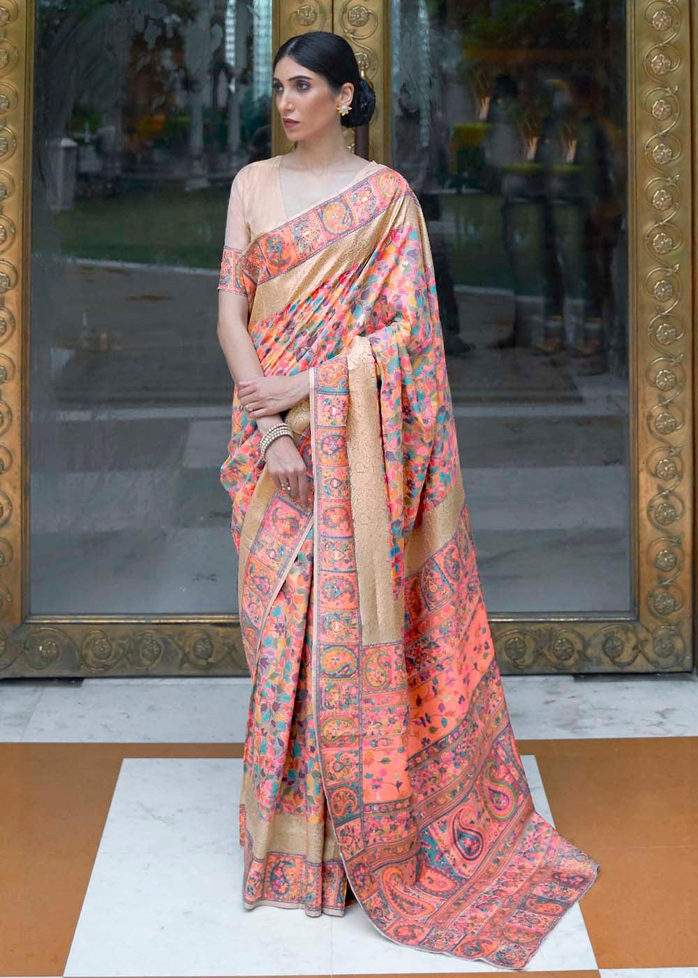 Beige Brown & Pink Banarasi Jamawar Woven Silk Saree : Top Pick | Stitched Blouse - qivii