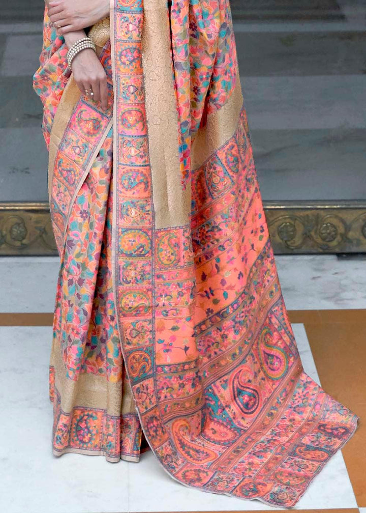 Beige Brown & Pink Banarasi Jamawar Woven Silk Saree : Top Pick | Stitched Blouse - qivii