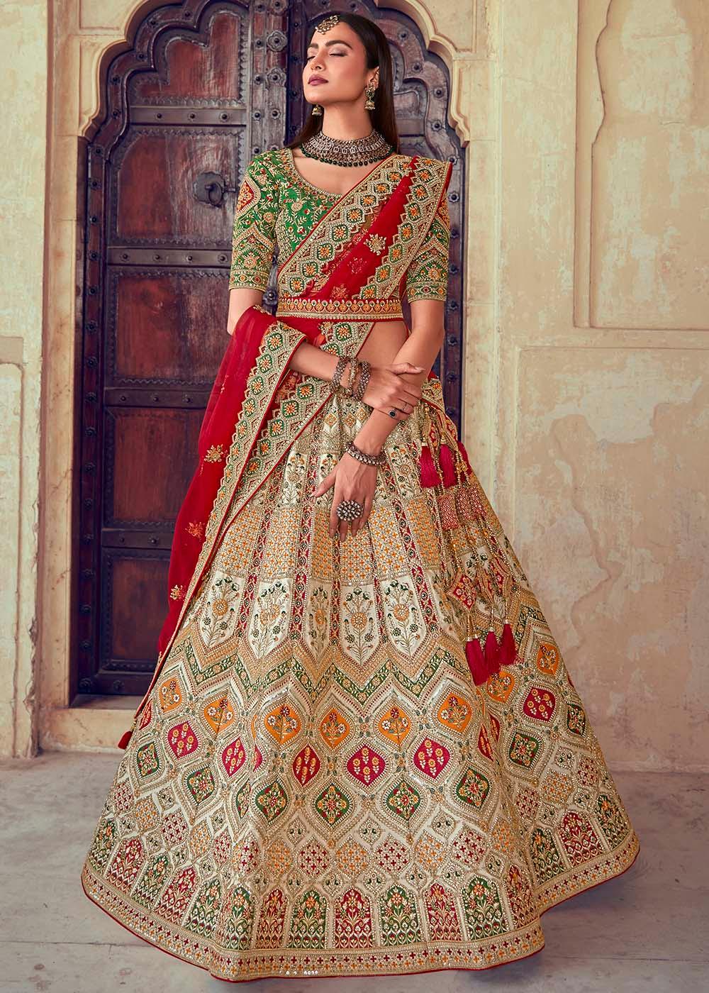 Beige Brown & Red Banarasi Silk Lehenga Choli with Jarkan, Cutdana and Hand Embroidery work:Bridal Edition - qivii