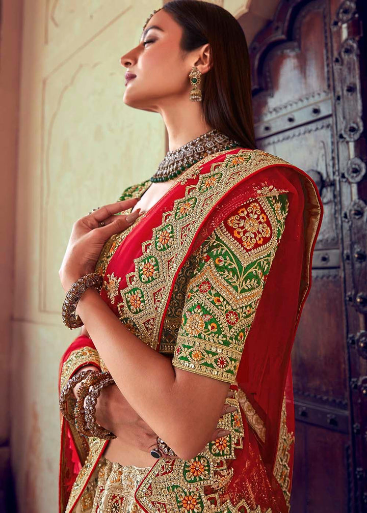 Beige Brown & Red Banarasi Silk Lehenga Choli with Jarkan, Cutdana and Hand Embroidery work:Bridal Edition - qivii