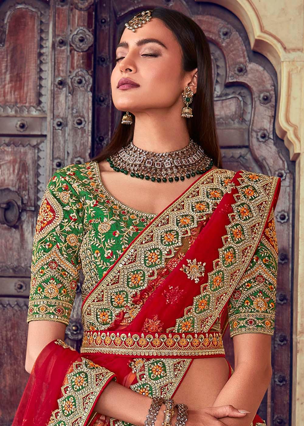 Beige Brown & Red Banarasi Silk Lehenga Choli with Jarkan, Cutdana and Hand Embroidery work:Bridal Edition - qivii