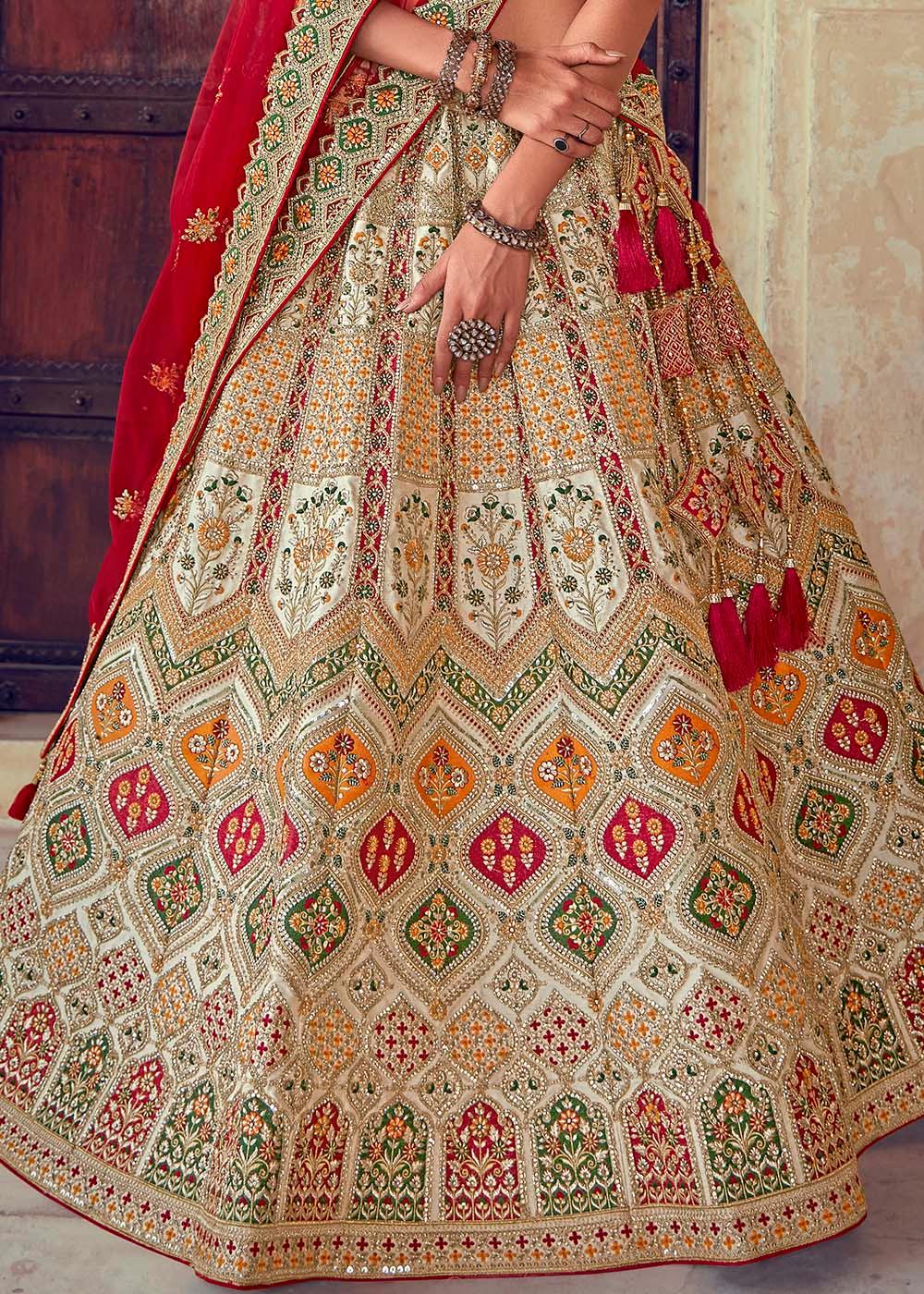 Beige Brown & Red Banarasi Silk Lehenga Choli with Jarkan, Cutdana and Hand Embroidery work:Bridal Edition - qivii