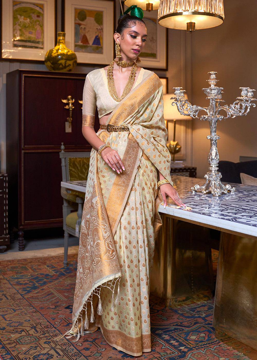 Beige Brown Copper Zari Woven Banarasi Khaddi Silk Saree | Stitched Blouse - qivii