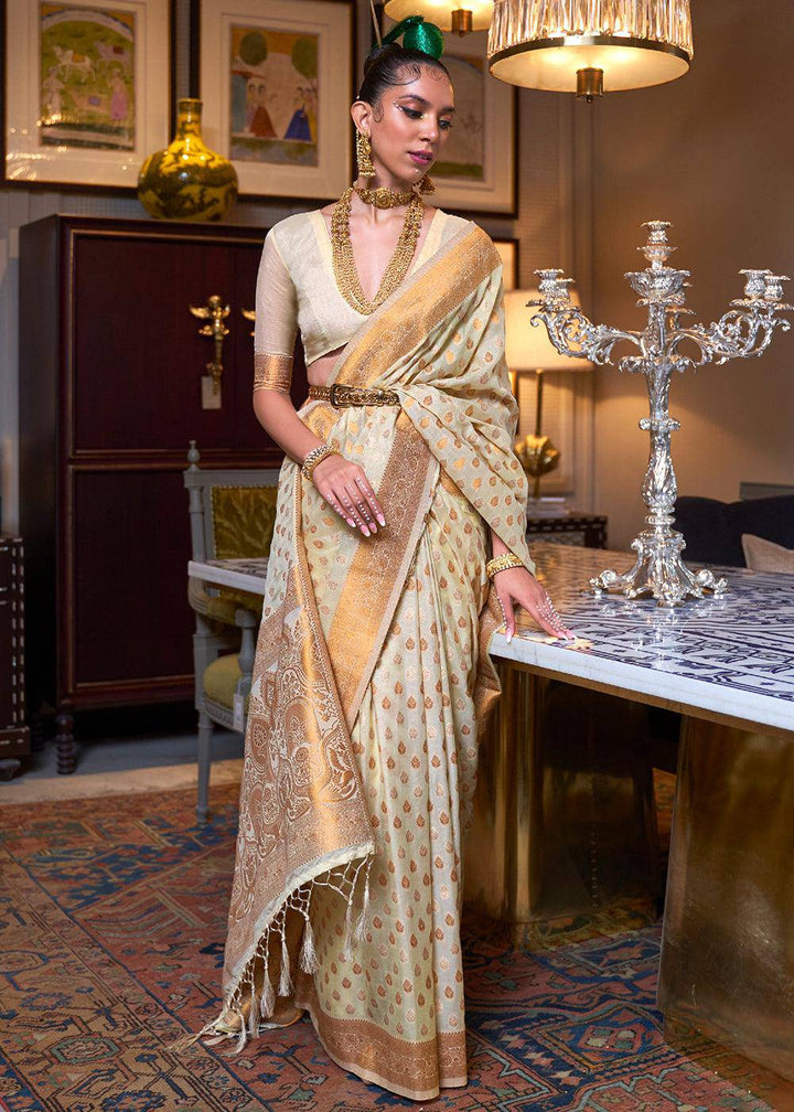 Beige Brown Copper Zari Woven Banarasi Khaddi Silk Saree | Stitched Blouse - qivii