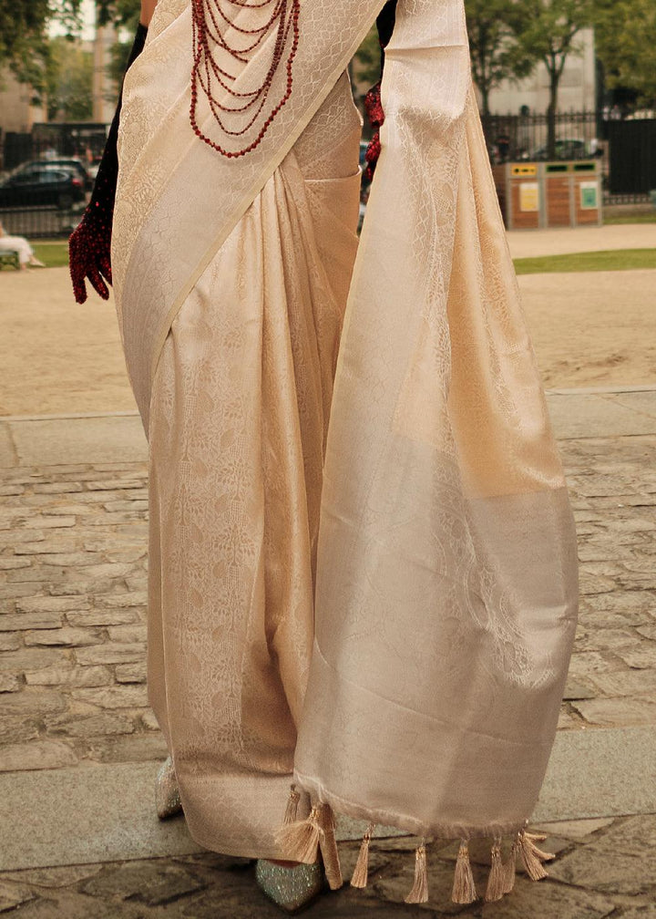 Beige Brown Handloom Woven Satin Silk Saree - qivii