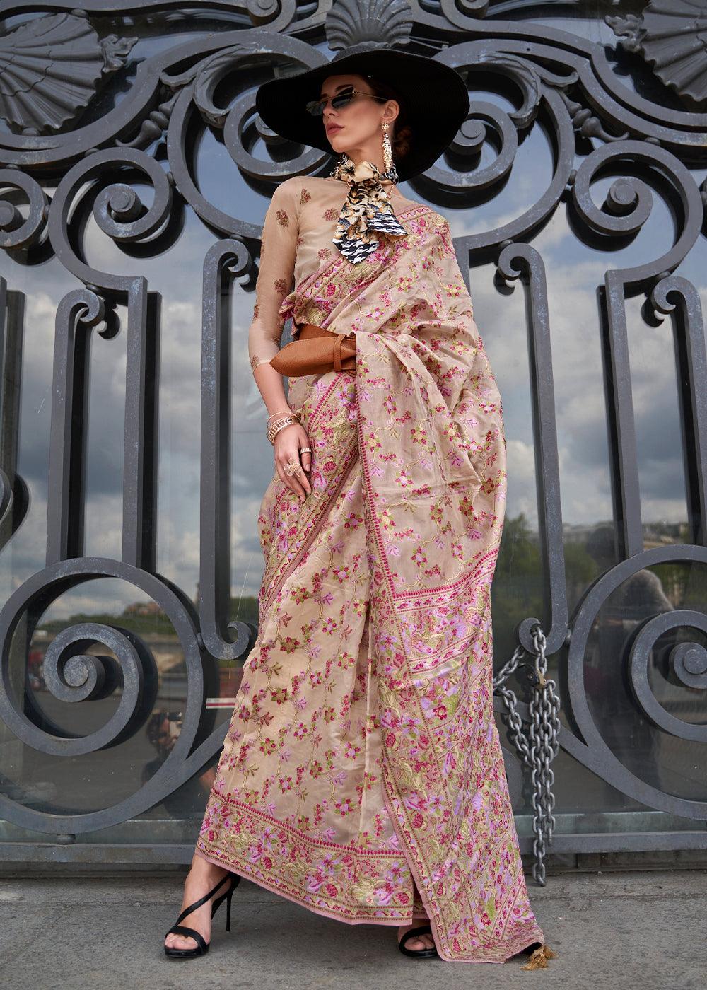 Beige Brown Parsi Handloom Woven Organza Silk Saree - qivii