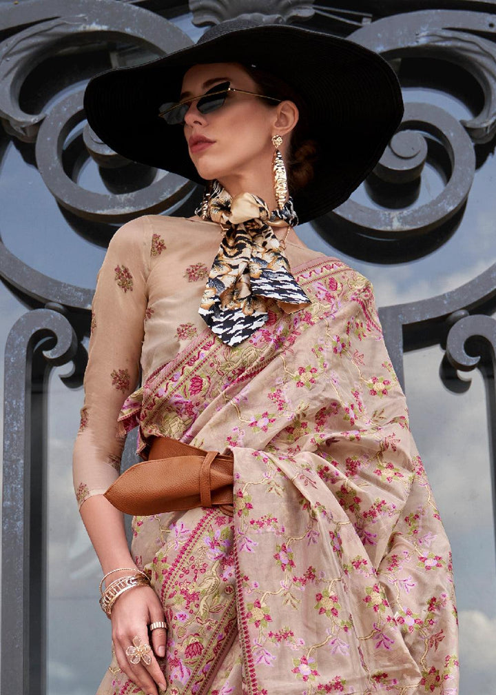 Beige Brown Parsi Handloom Woven Organza Silk Saree - qivii