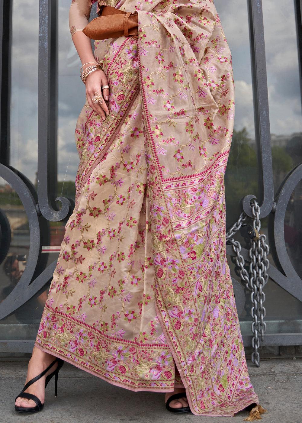 Beige Brown Parsi Handloom Woven Organza Silk Saree - qivii