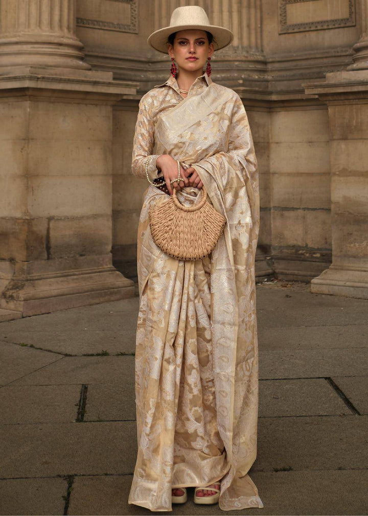 Beige Brown Zari Handloom Woven Organza Silk Saree | Stitched Blouse - qivii