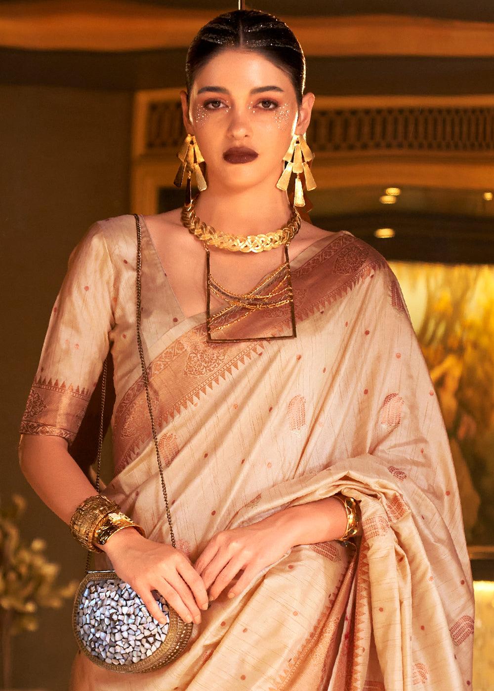 Beige Brown Zari Woven Banarasi Silk Saree - qivii