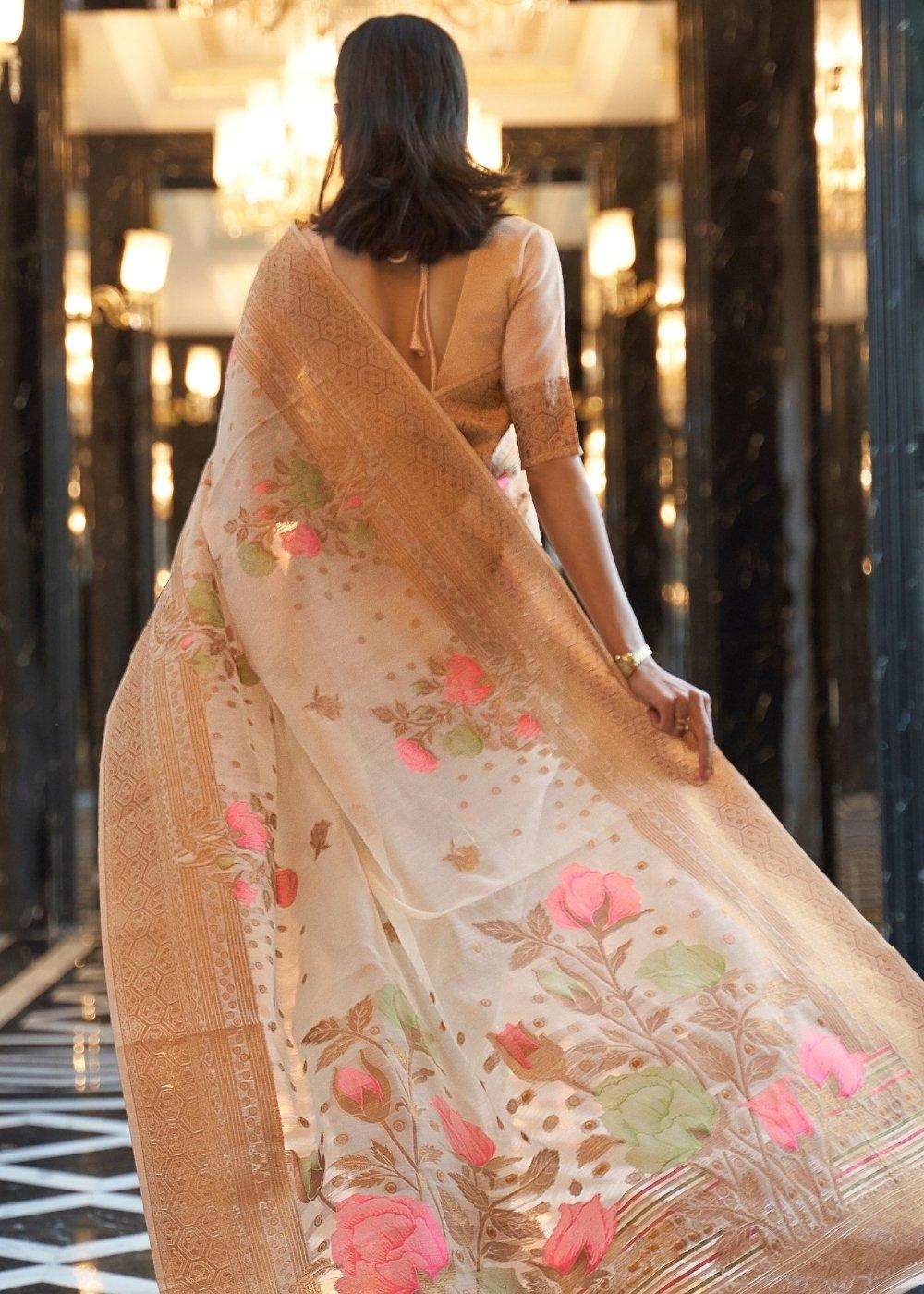 Beige Brown Zari Woven Linen Silk Saree | Stitched Blouse - qivii