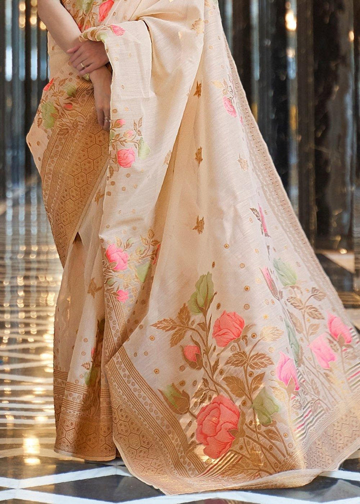 Beige Brown Zari Woven Linen Silk Saree | Stitched Blouse - qivii