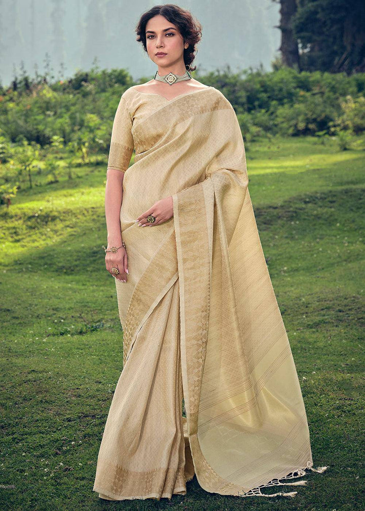 Beige Brown Zari Woven Tissue Silk Saree | Stitched Blouse - qivii