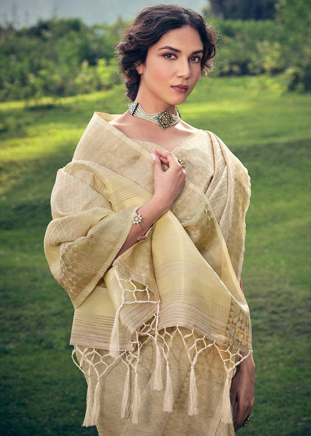 Beige Brown Zari Woven Tissue Silk Saree | Stitched Blouse - qivii