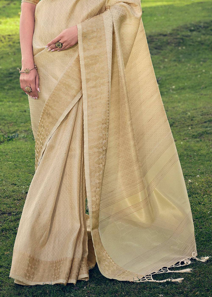 Beige Brown Zari Woven Tissue Silk Saree | Stitched Blouse - qivii