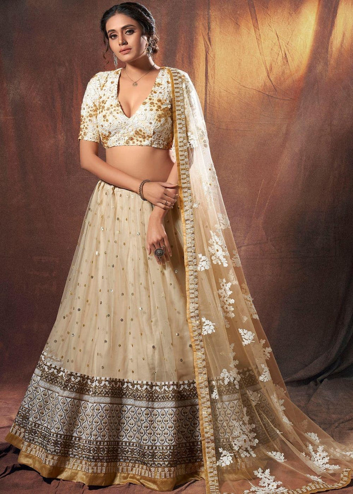 Beige Designer Soft Net Lehenga Choli with Resham, Zari & Sequins work - qivii