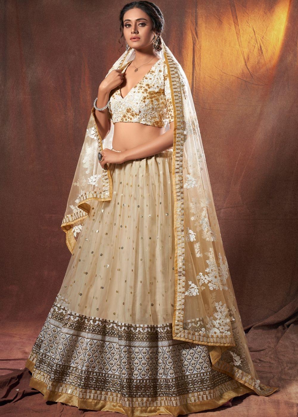 Beige Designer Soft Net Lehenga Choli with Resham, Zari & Sequins work - qivii