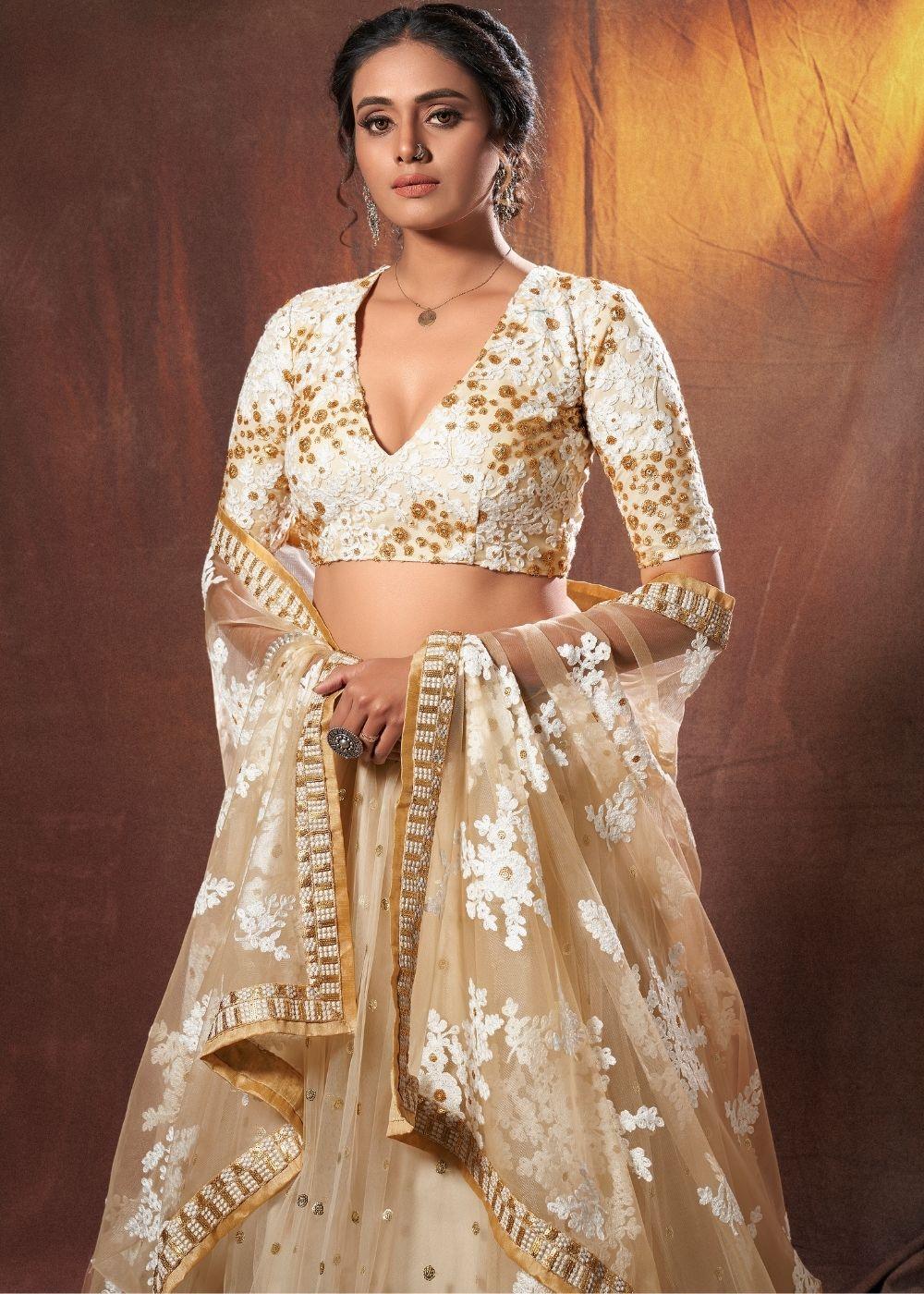 Beige Designer Soft Net Lehenga Choli with Resham, Zari & Sequins work - qivii