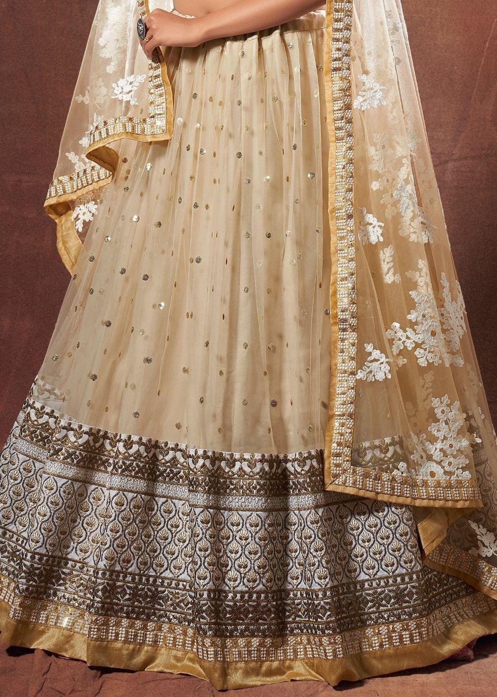 Beige Designer Soft Net Lehenga Choli with Resham, Zari & Sequins work - qivii