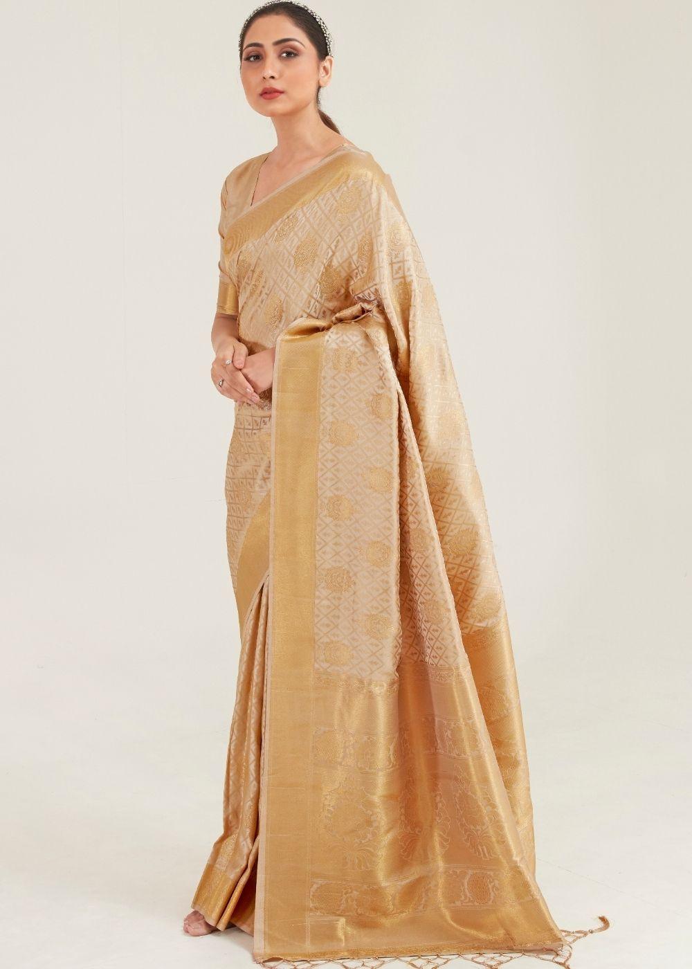 Beige Golden Zari Butta Woven Banasari Silk Saree | Stitched Blouse - qivii