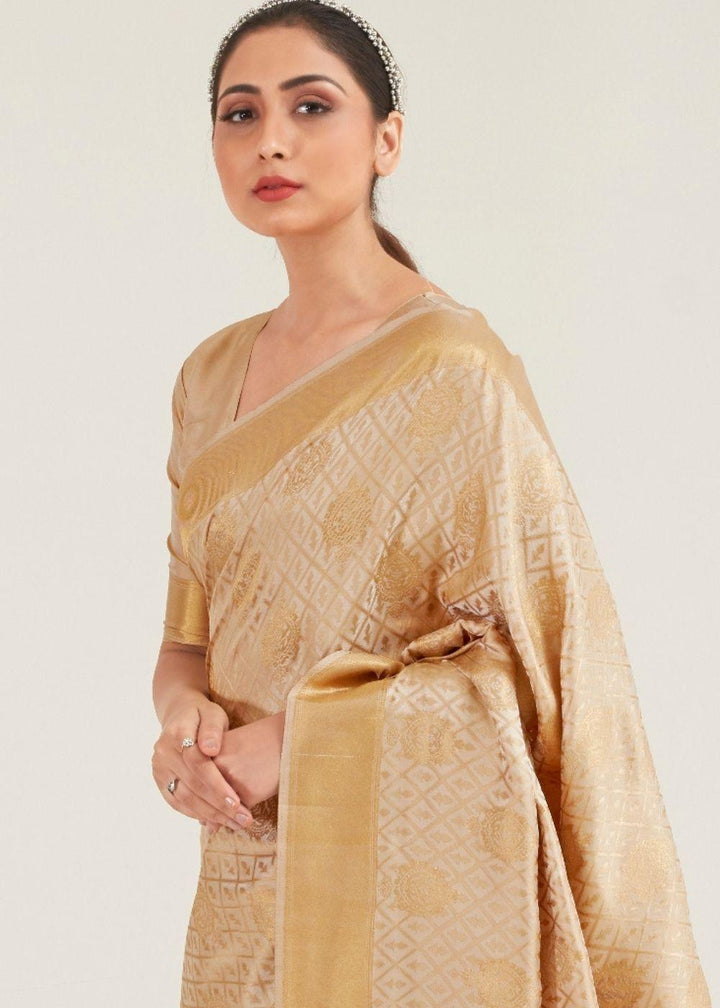 Beige Golden Zari Butta Woven Banasari Silk Saree | Stitched Blouse - qivii