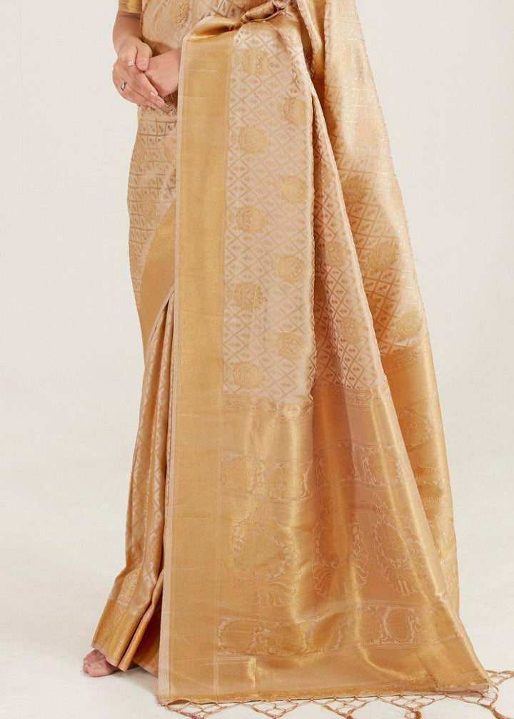 Beige Golden Zari Butta Woven Banasari Silk Saree | Stitched Blouse - qivii