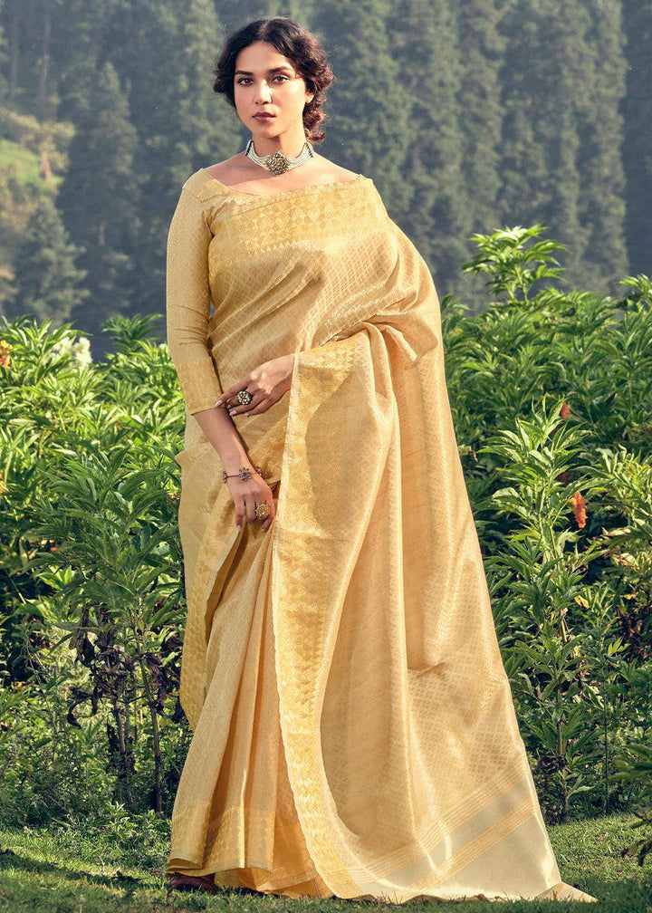 Beige Golden Zari Woven Tissue Silk Saree | Stitched Blouse - qivii