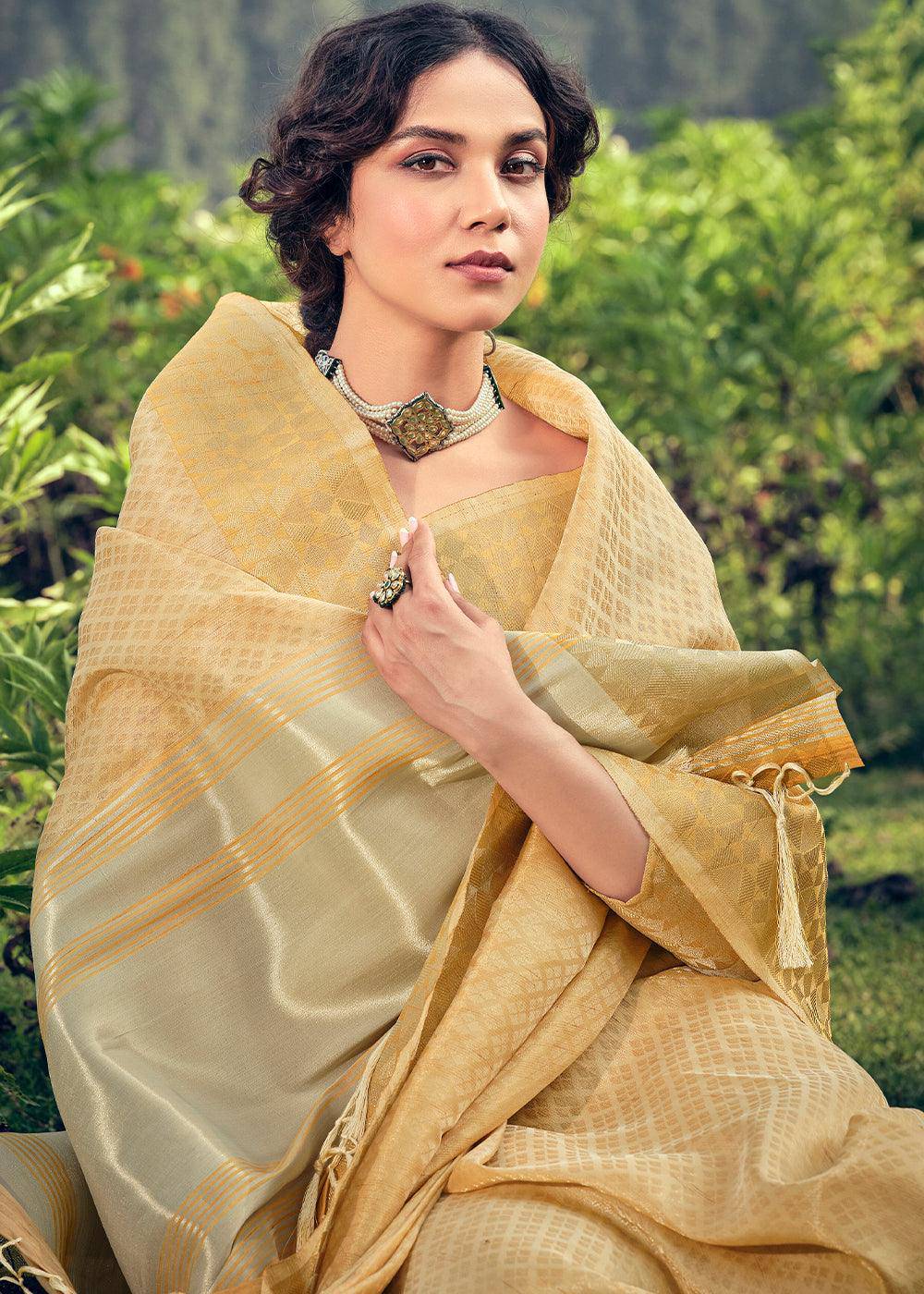 Beige Golden Zari Woven Tissue Silk Saree | Stitched Blouse - qivii