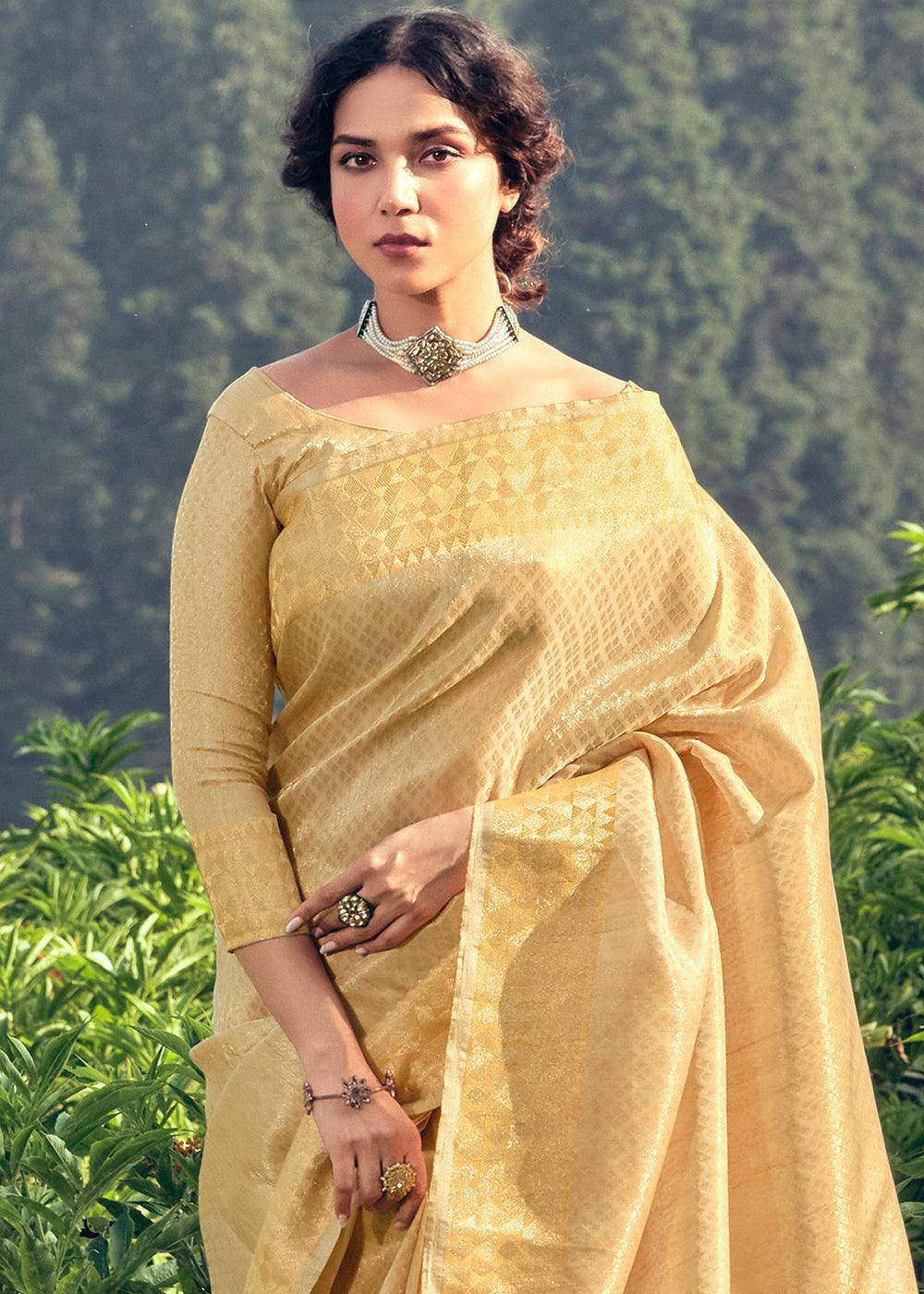 Beige Golden Zari Woven Tissue Silk Saree | Stitched Blouse - qivii