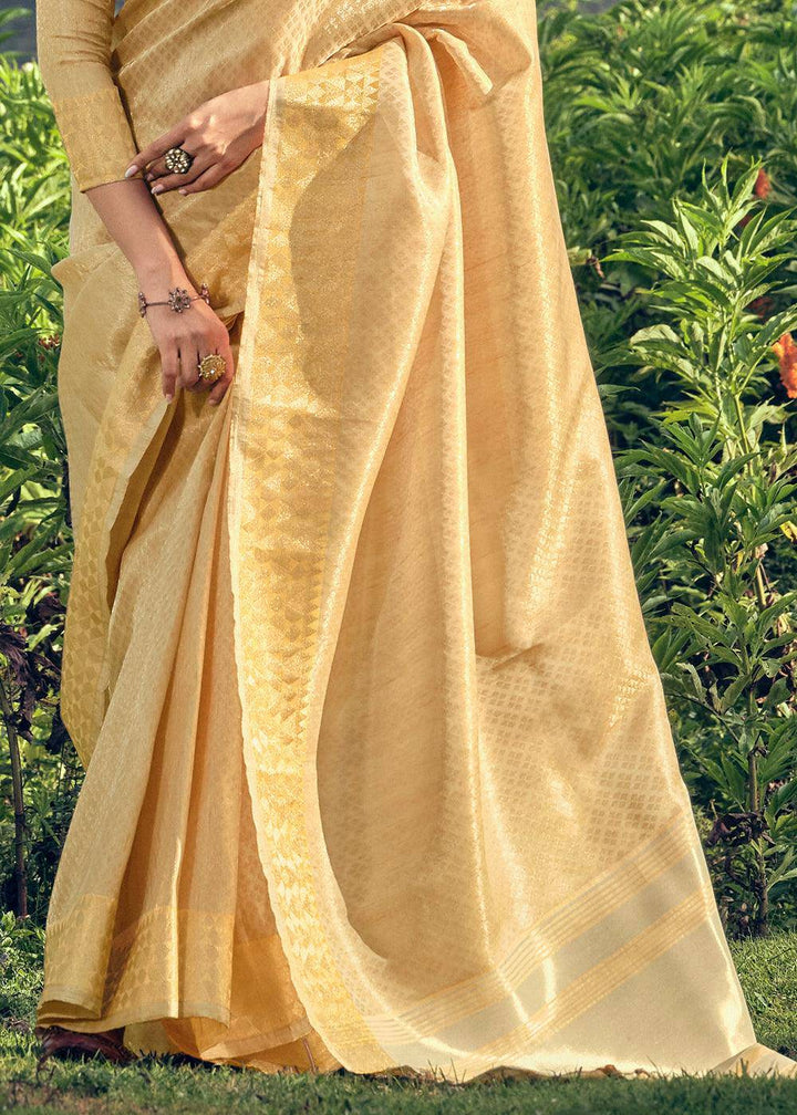 Beige Golden Zari Woven Tissue Silk Saree | Stitched Blouse - qivii