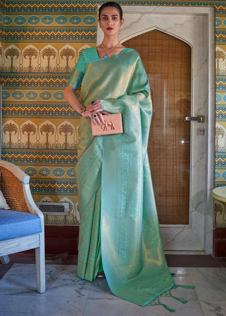 Bermuda Teal Green Soft Handloom Weave Kanjivaram Silk Saree : Festival Edition | Stitched Blouse - qivii