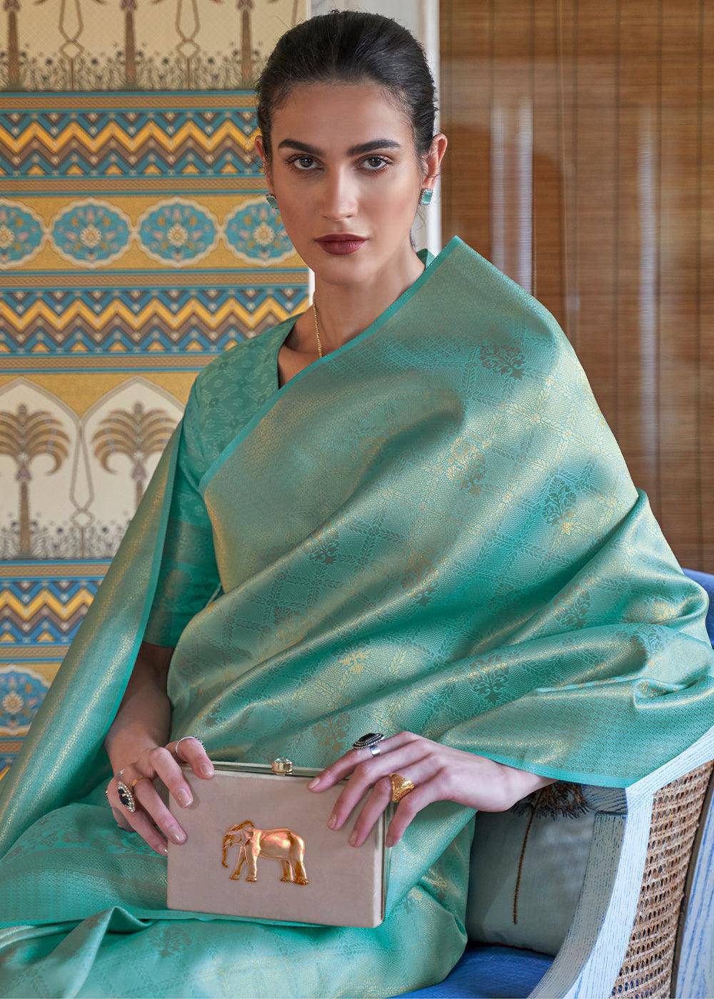 Bermuda Teal Green Soft Handloom Weave Kanjivaram Silk Saree : Festival Edition | Stitched Blouse - qivii