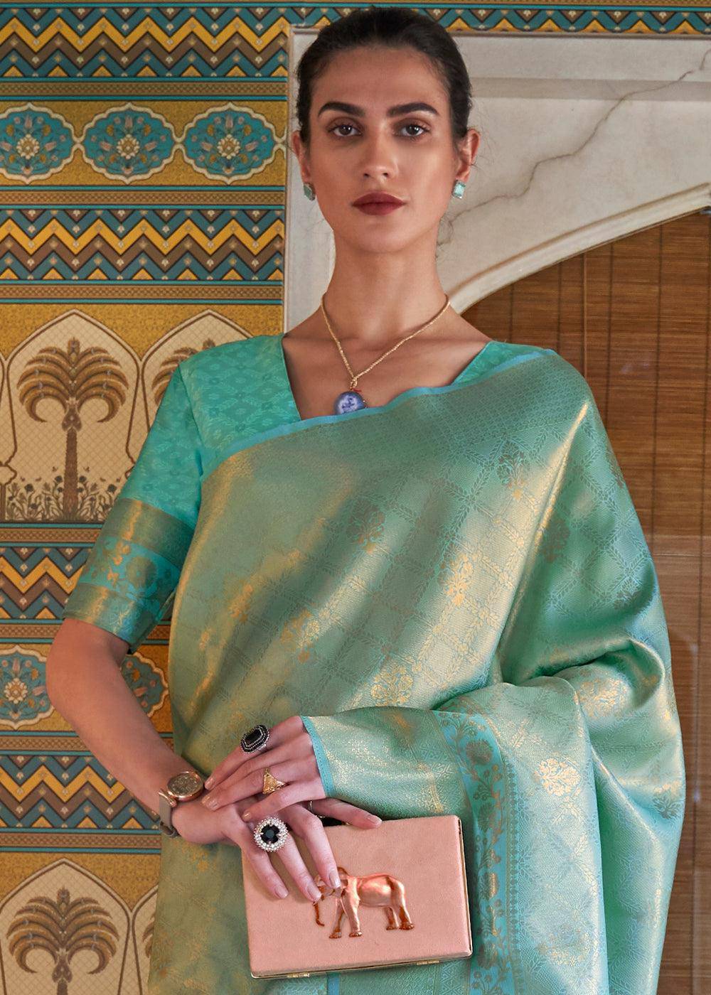 Bermuda Teal Green Soft Handloom Weave Kanjivaram Silk Saree : Festival Edition | Stitched Blouse - qivii