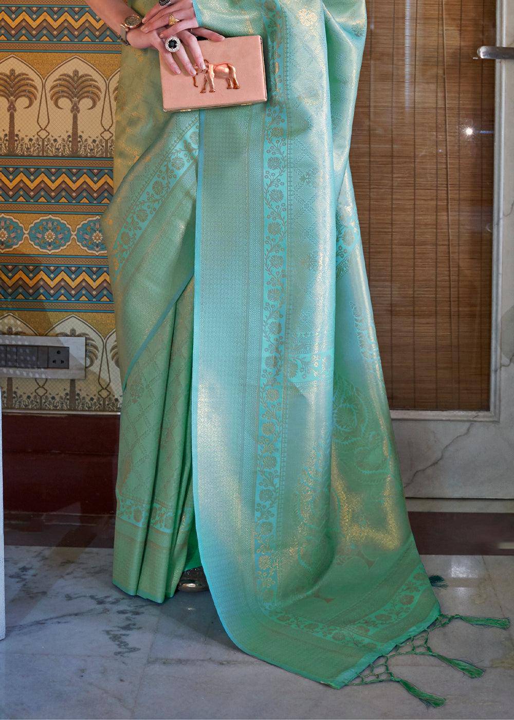 Bermuda Teal Green Soft Handloom Weave Kanjivaram Silk Saree : Festival Edition | Stitched Blouse - qivii