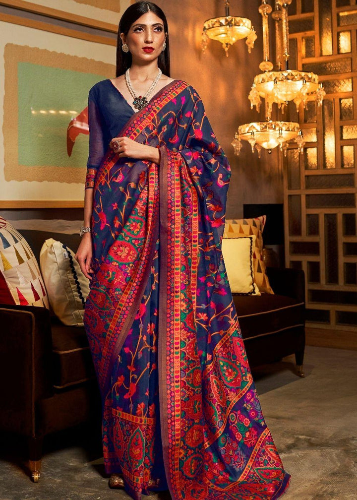 Berry Blue Banarasi Jamawar Woven Silk Saree : Top Pick | Stitched Blouse - qivii