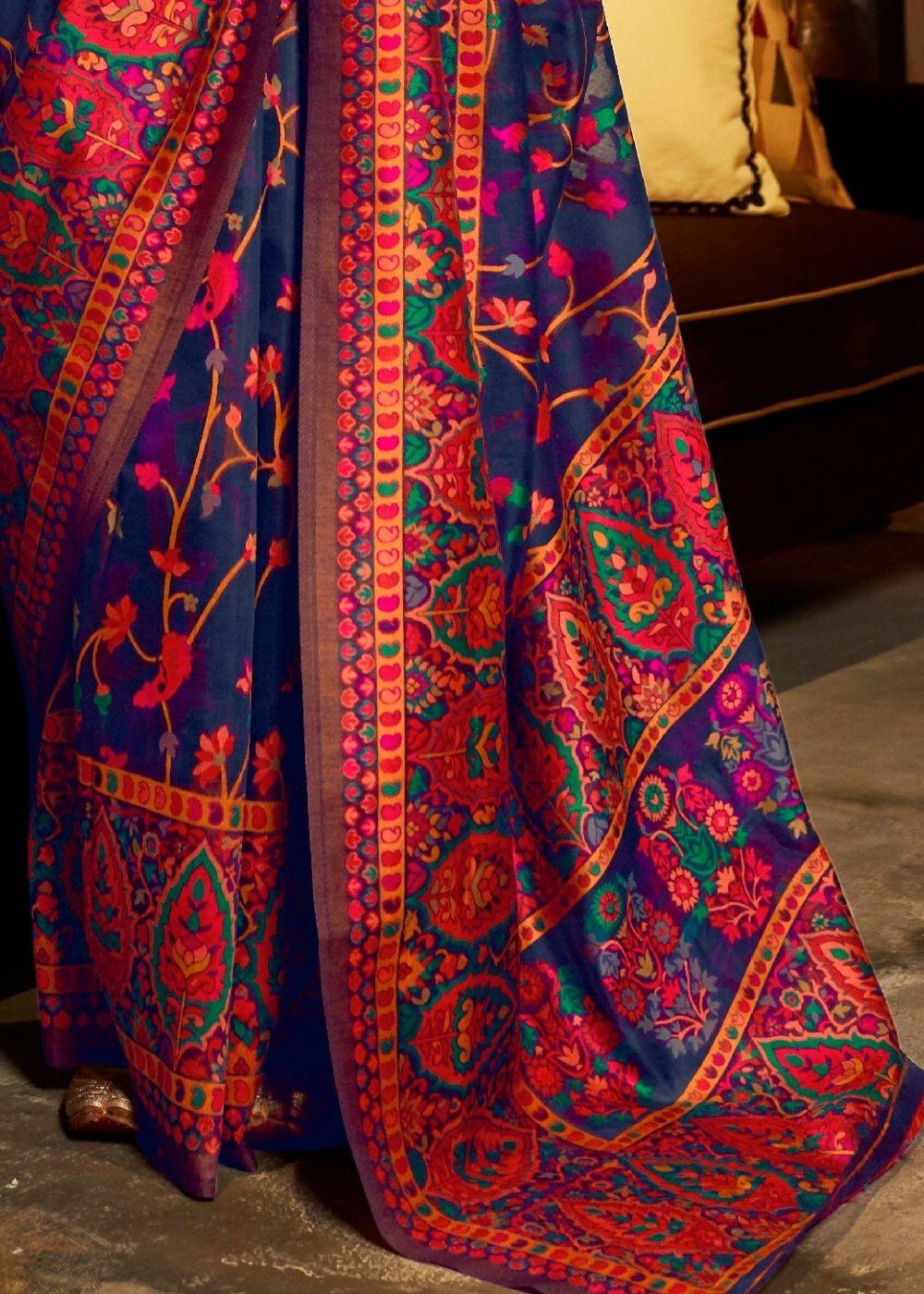 Berry Blue Banarasi Jamawar Woven Silk Saree : Top Pick | Stitched Blouse - qivii