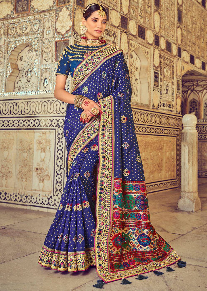 Berry Blue Bandhej Patola Silk Saree with Mirror, Khatli & Cut-Dana work | Stitched Blouse - qivii