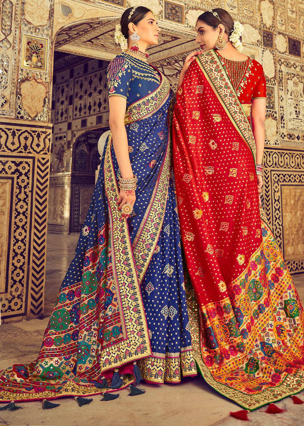 Berry Blue Bandhej Patola Silk Saree with Mirror, Khatli & Cut-Dana work | Stitched Blouse - qivii