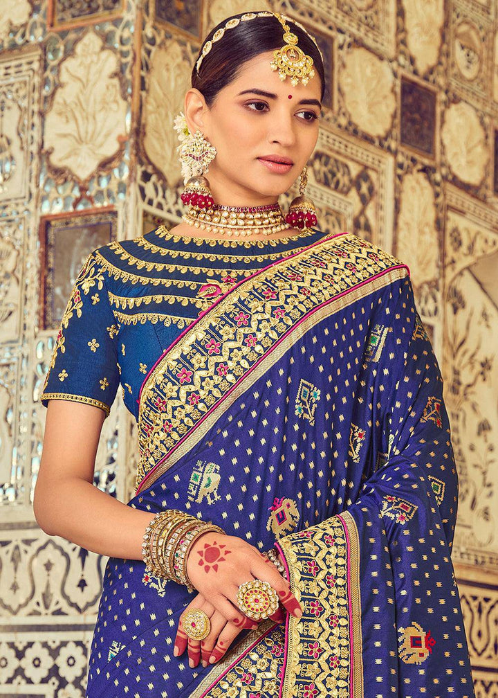 Berry Blue Bandhej Patola Silk Saree with Mirror, Khatli & Cut-Dana work | Stitched Blouse - qivii