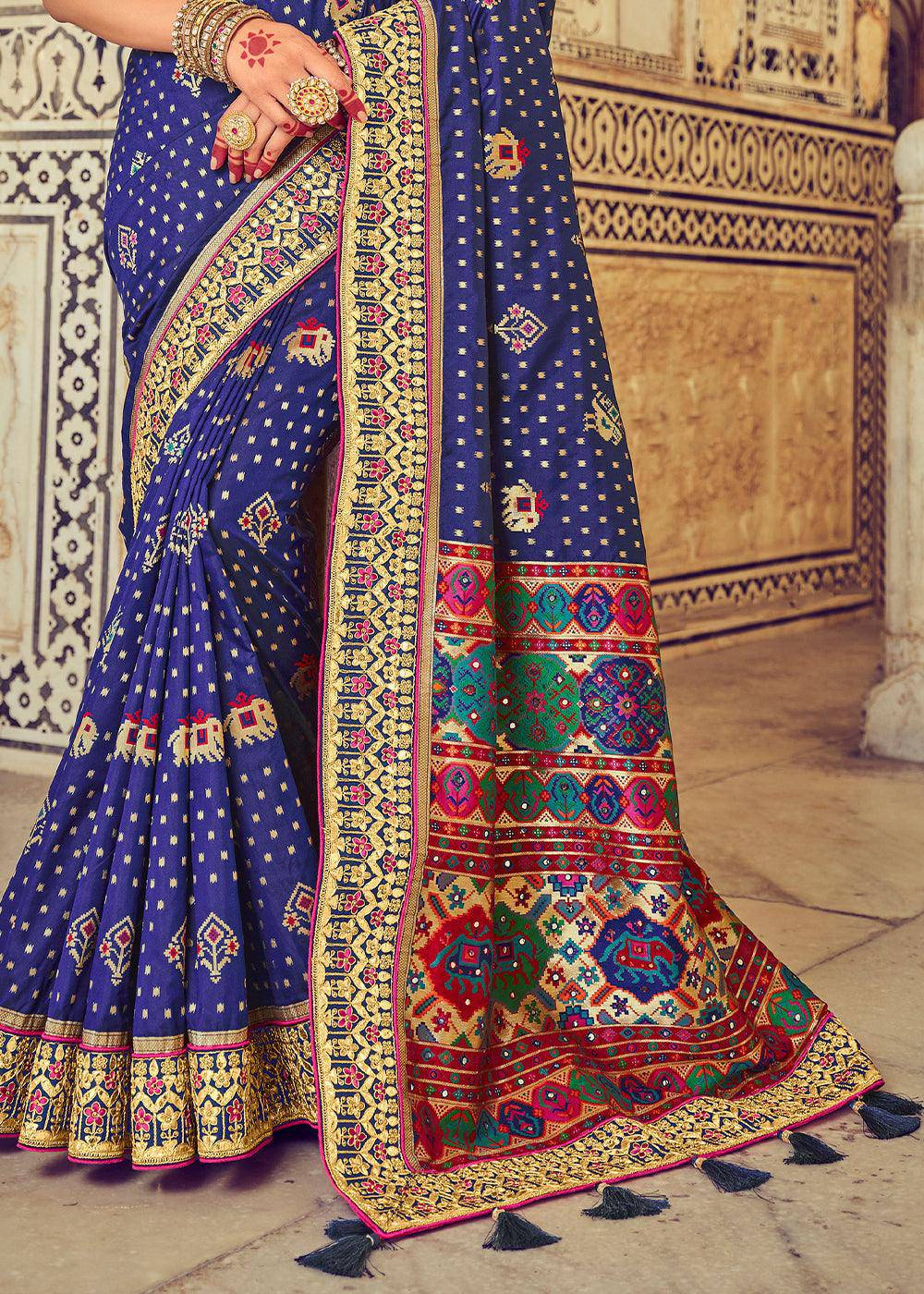 Berry Blue Bandhej Patola Silk Saree with Mirror, Khatli & Cut-Dana work | Stitched Blouse - qivii