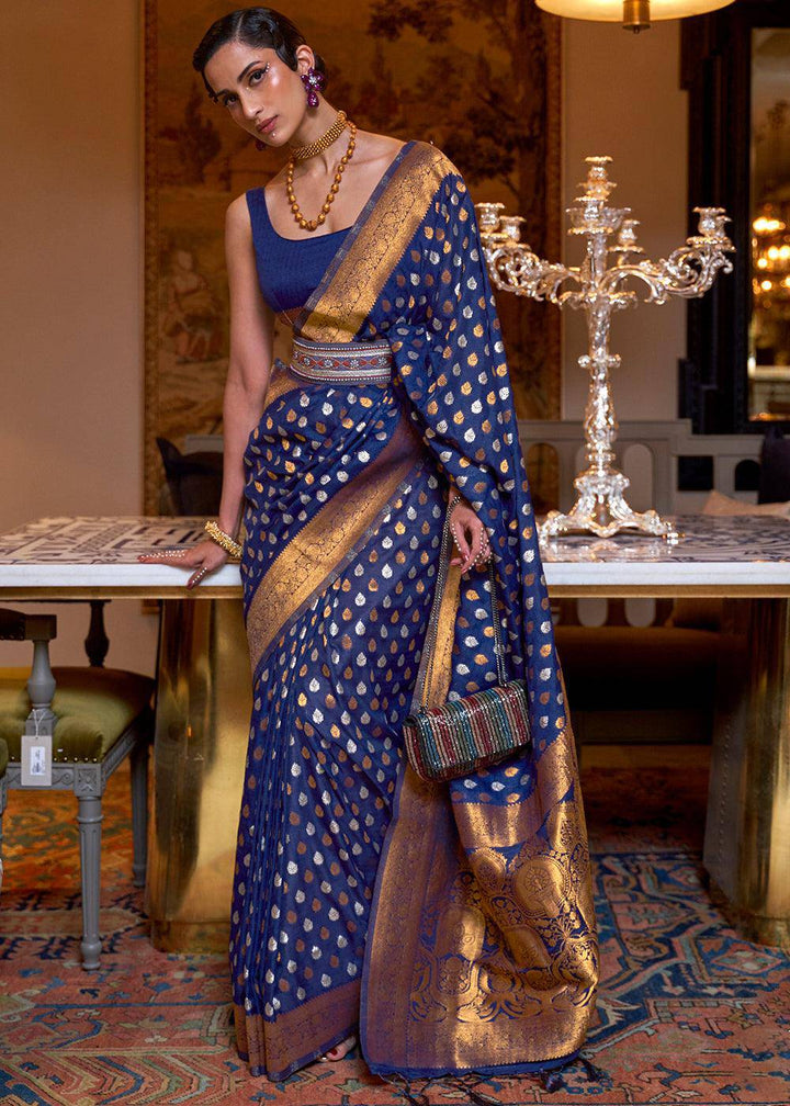 Berry Blue Copper Zari Woven Banarasi Khaddi Silk Saree | Stitched Blouse - qivii