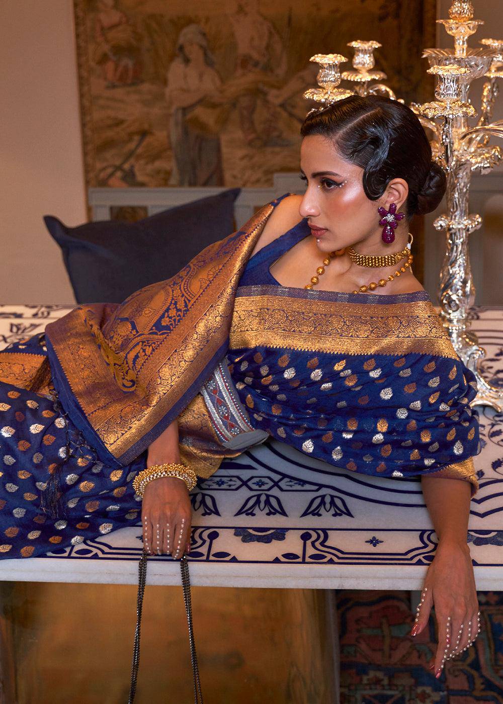 Berry Blue Copper Zari Woven Banarasi Khaddi Silk Saree | Stitched Blouse - qivii