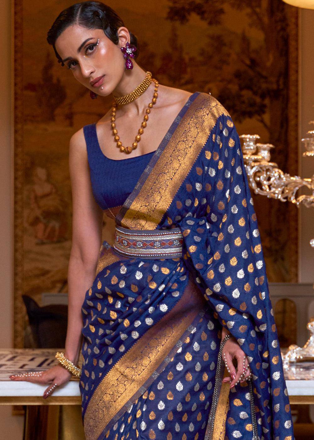 Berry Blue Copper Zari Woven Banarasi Khaddi Silk Saree | Stitched Blouse - qivii