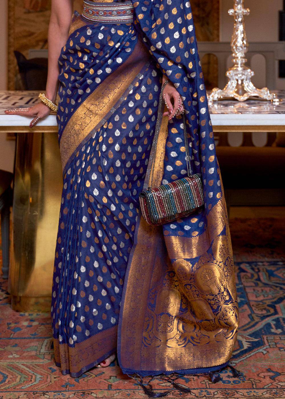 Berry Blue Copper Zari Woven Banarasi Khaddi Silk Saree | Stitched Blouse - qivii