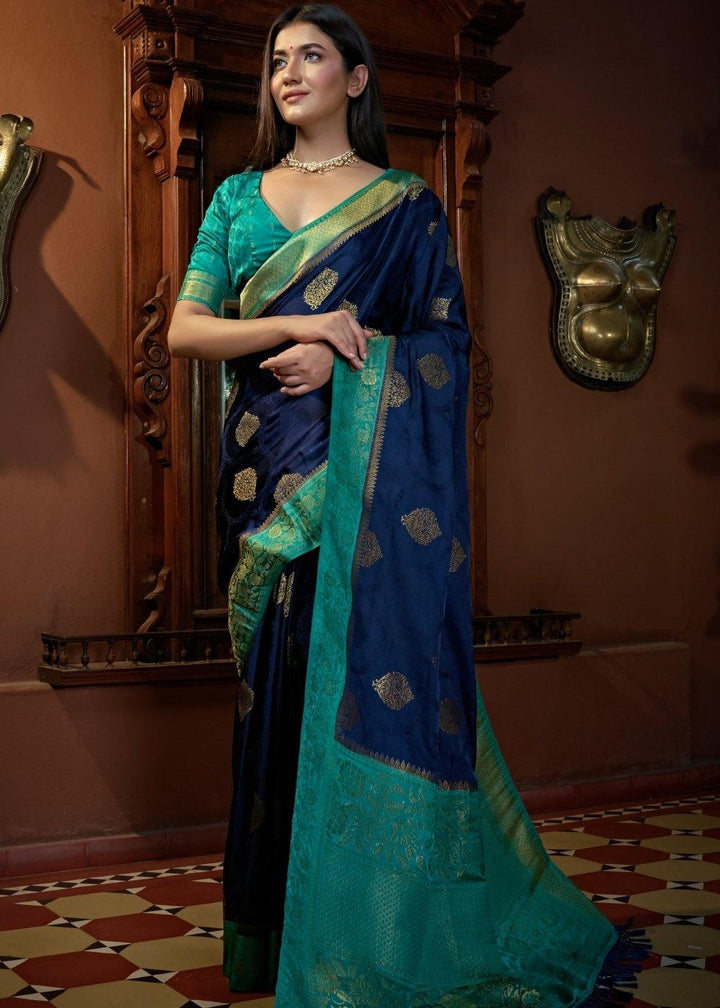 Berry Blue Designer Satin Silk Saree | Stitched Blouse - qivii