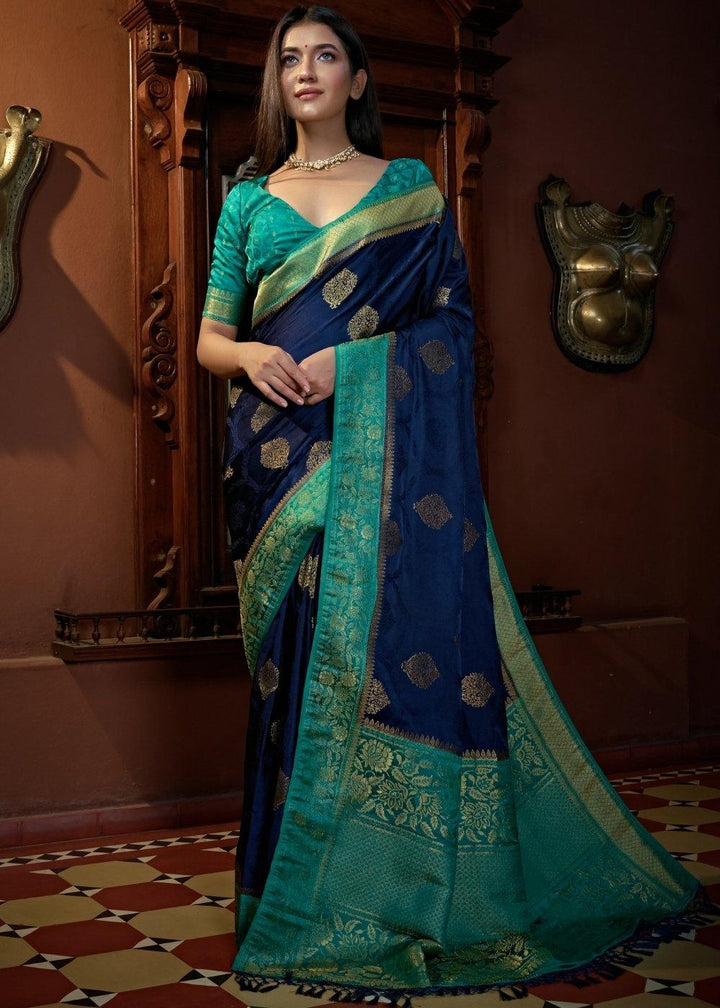 Berry Blue Designer Satin Silk Saree | Stitched Blouse - qivii