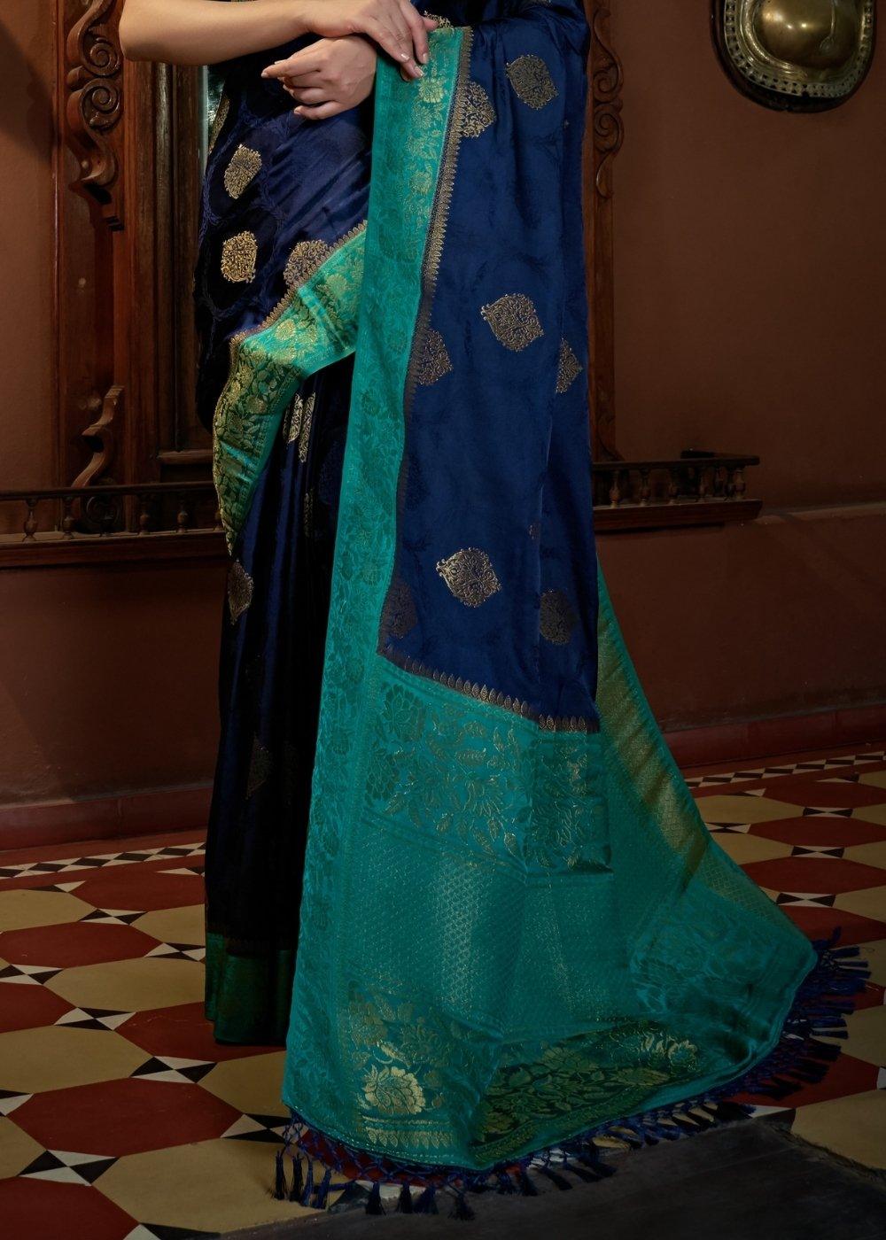 Berry Blue Designer Satin Silk Saree | Stitched Blouse - qivii