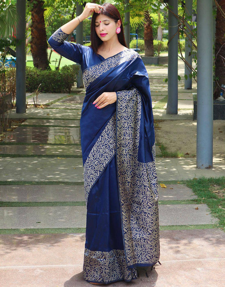 Berry Blue Handloom Raw Silk Saree | Stitched Blouse - qivii