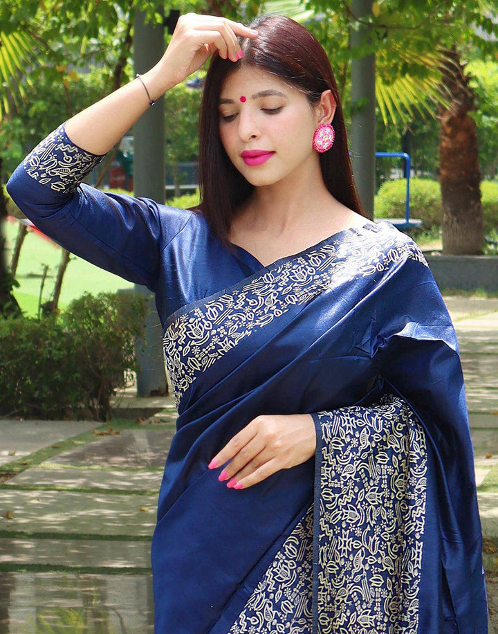 Berry Blue Handloom Raw Silk Saree | Stitched Blouse - qivii